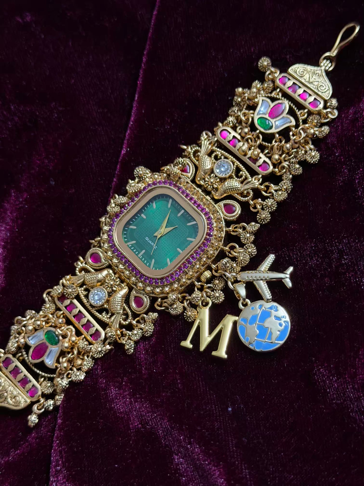 Square Dial Maharani Watch Heritage Bracelet with Charms