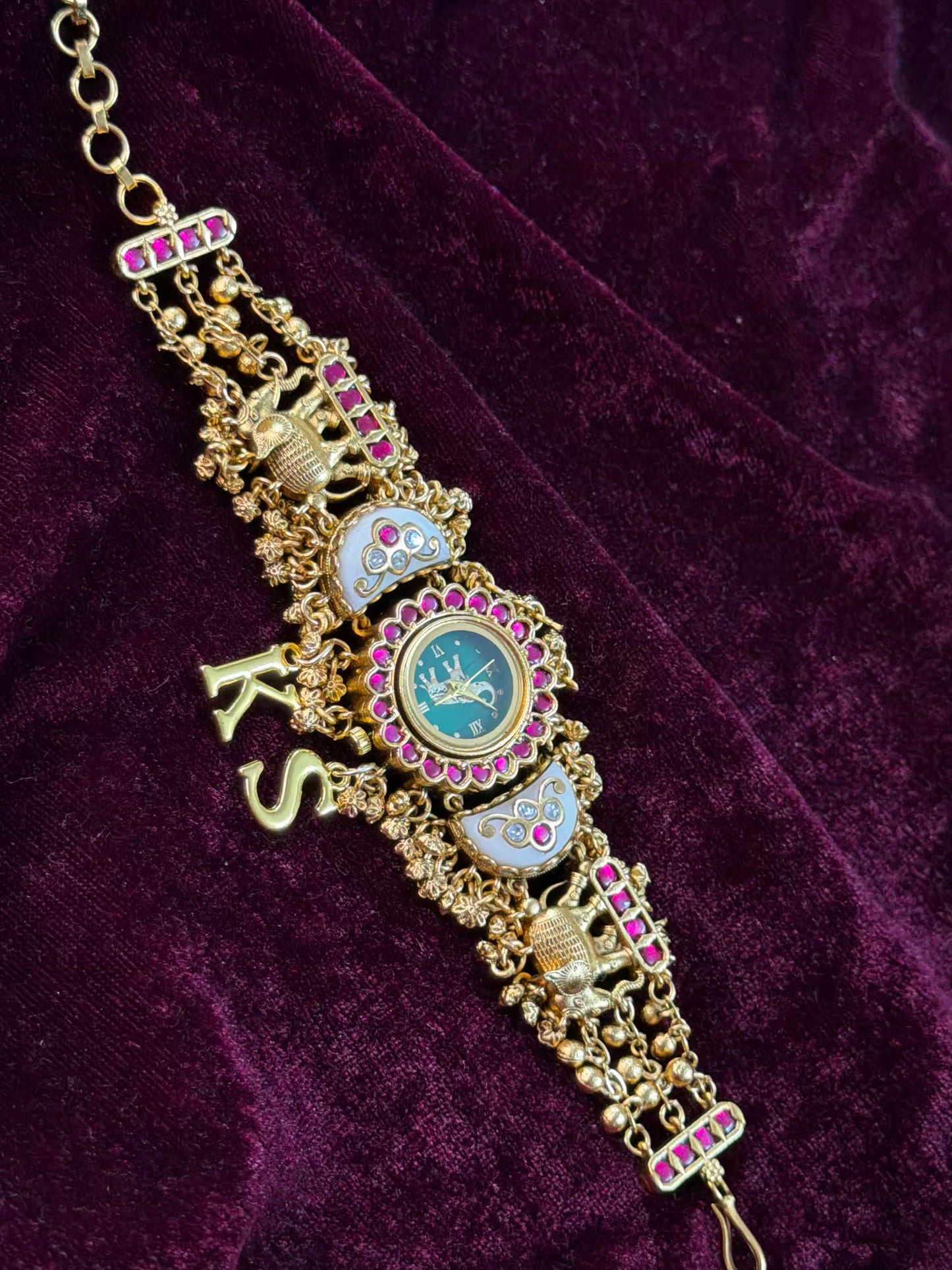 Green in Burgundy Dial Half Moon Maharani Watch Design Bracelet