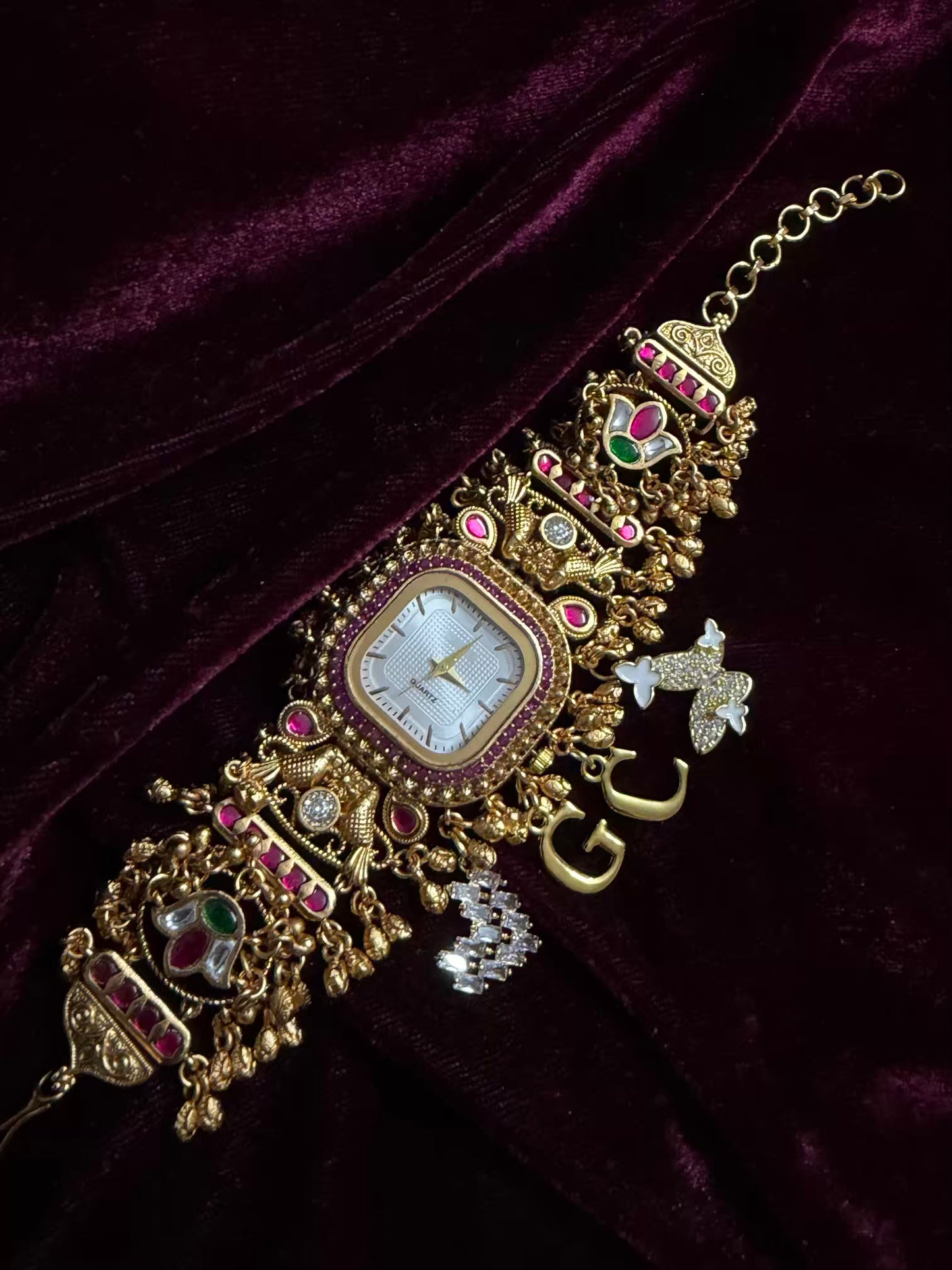 Square Dial Maharani Watch Heritage Bracelet with Butterfly and Heart  Charms