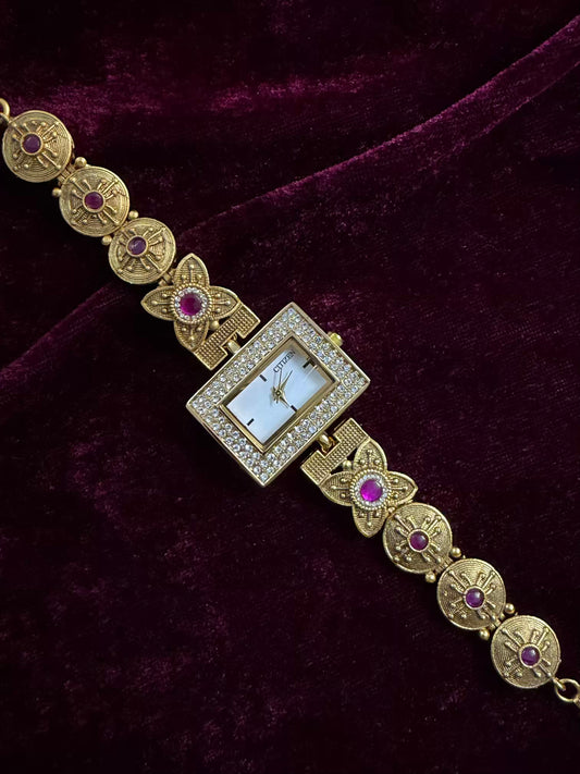 Square Dial Royal Gold Maharani Watch Design Heritage Bracelet