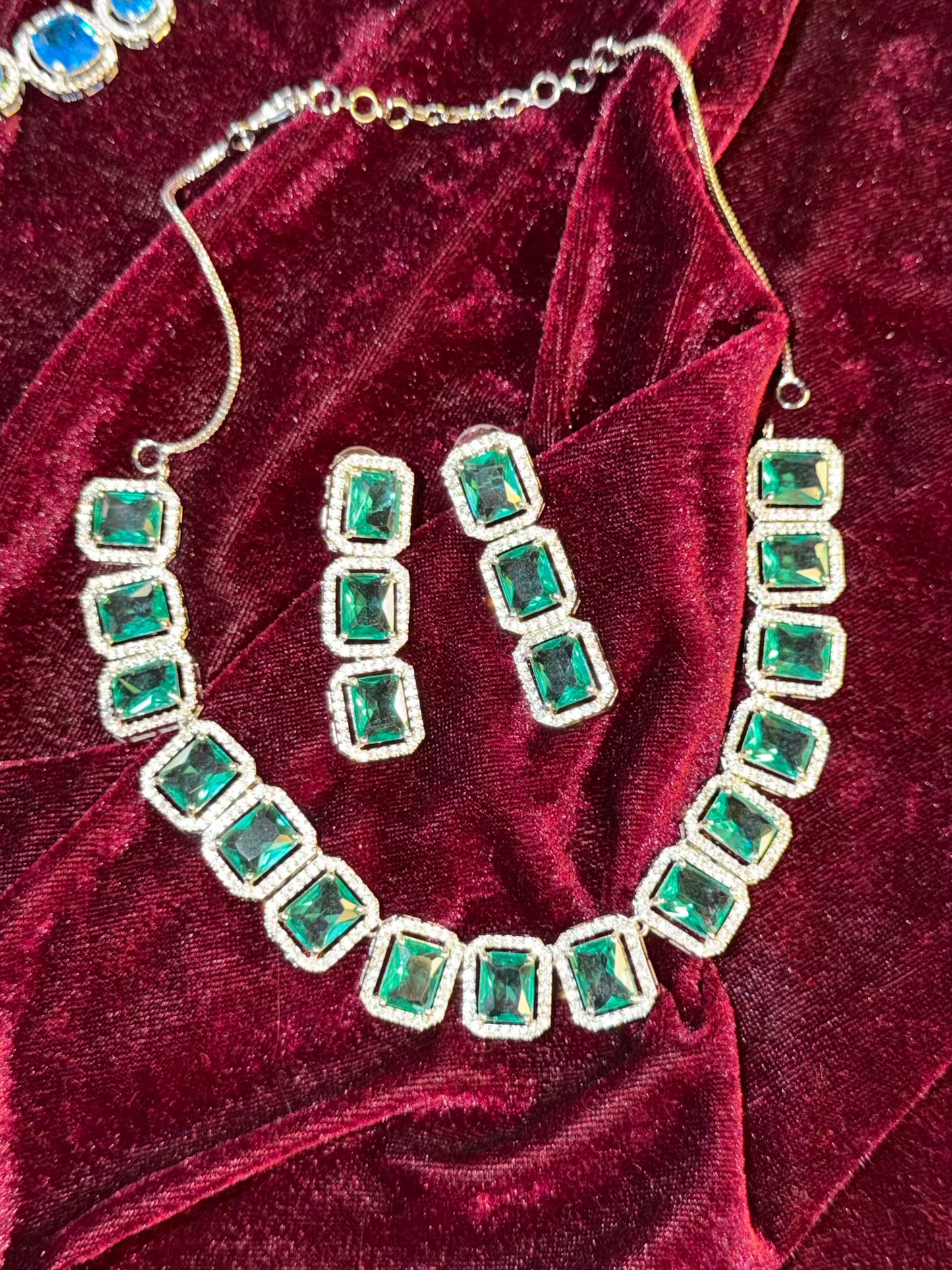 Ocean Blue Sapphire Cushion Halo Statement Necklace Set