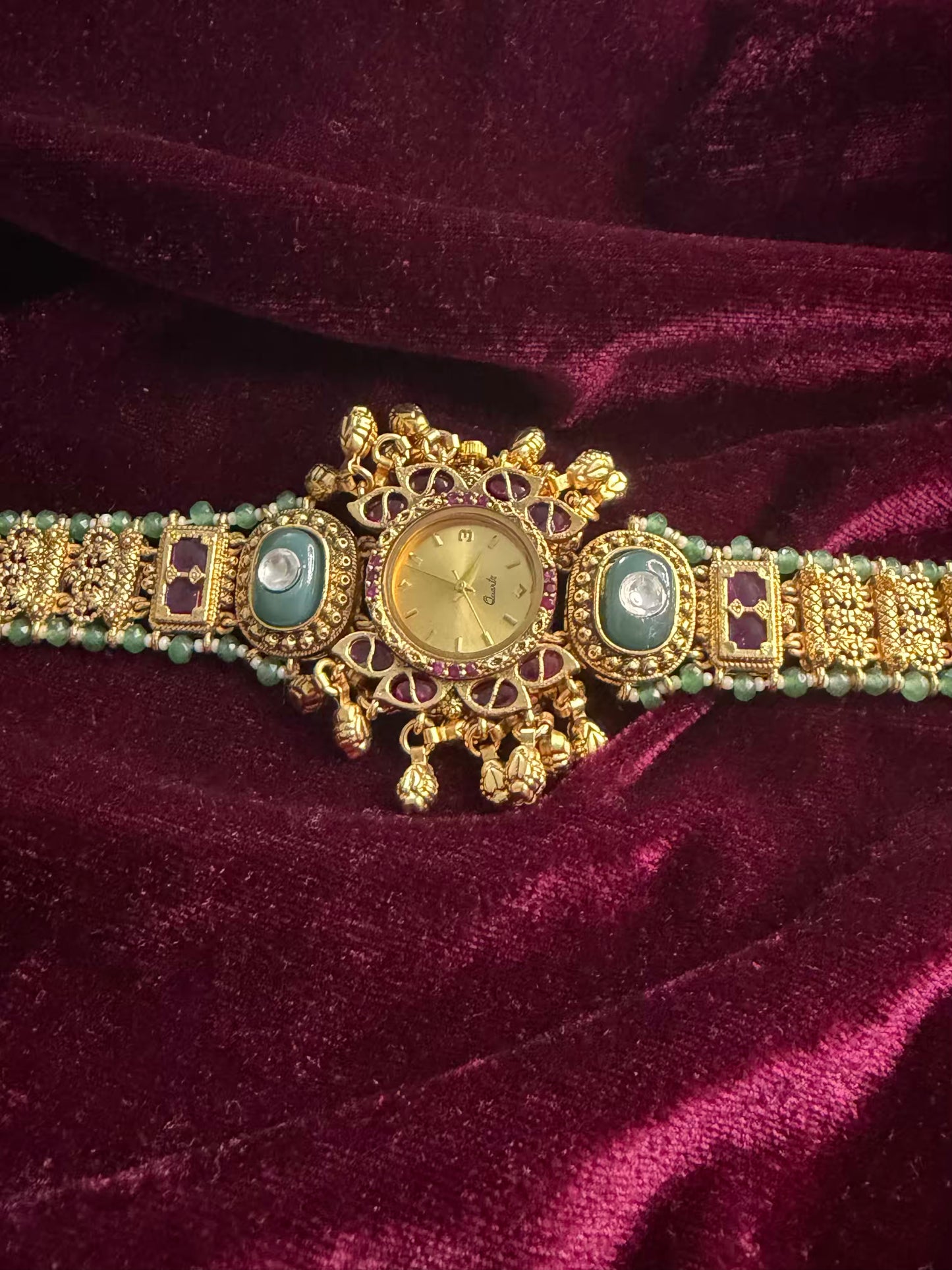 Queen Temple Motif Ruby Kundan Gold Plated Heritage Maharani Watch