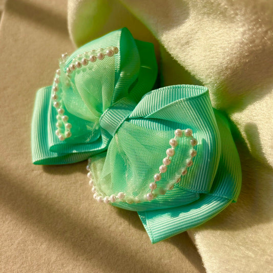 Baby Double Hair Bow Clip For Women - Ocean Green (Ribboned And Netted)