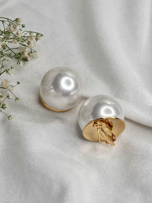 Pure White Oversized 2.8cm Pearl Clip ons Studs Earrings - Gold Plated