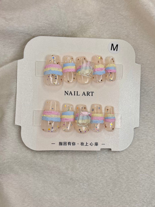 Acrylic Premium Rainbow Shimmer Soft Bow Fancy Press On Nails ( Set of 10 )