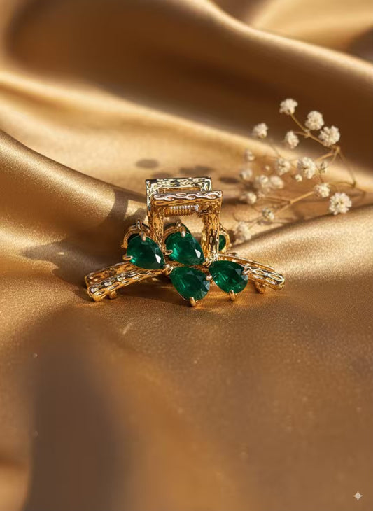 Emerald Green Bows Premium Claw Clip - Gold Plated