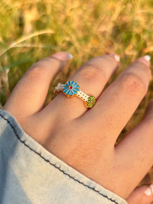 Blue Sunflower Band Ring - Adjustable
