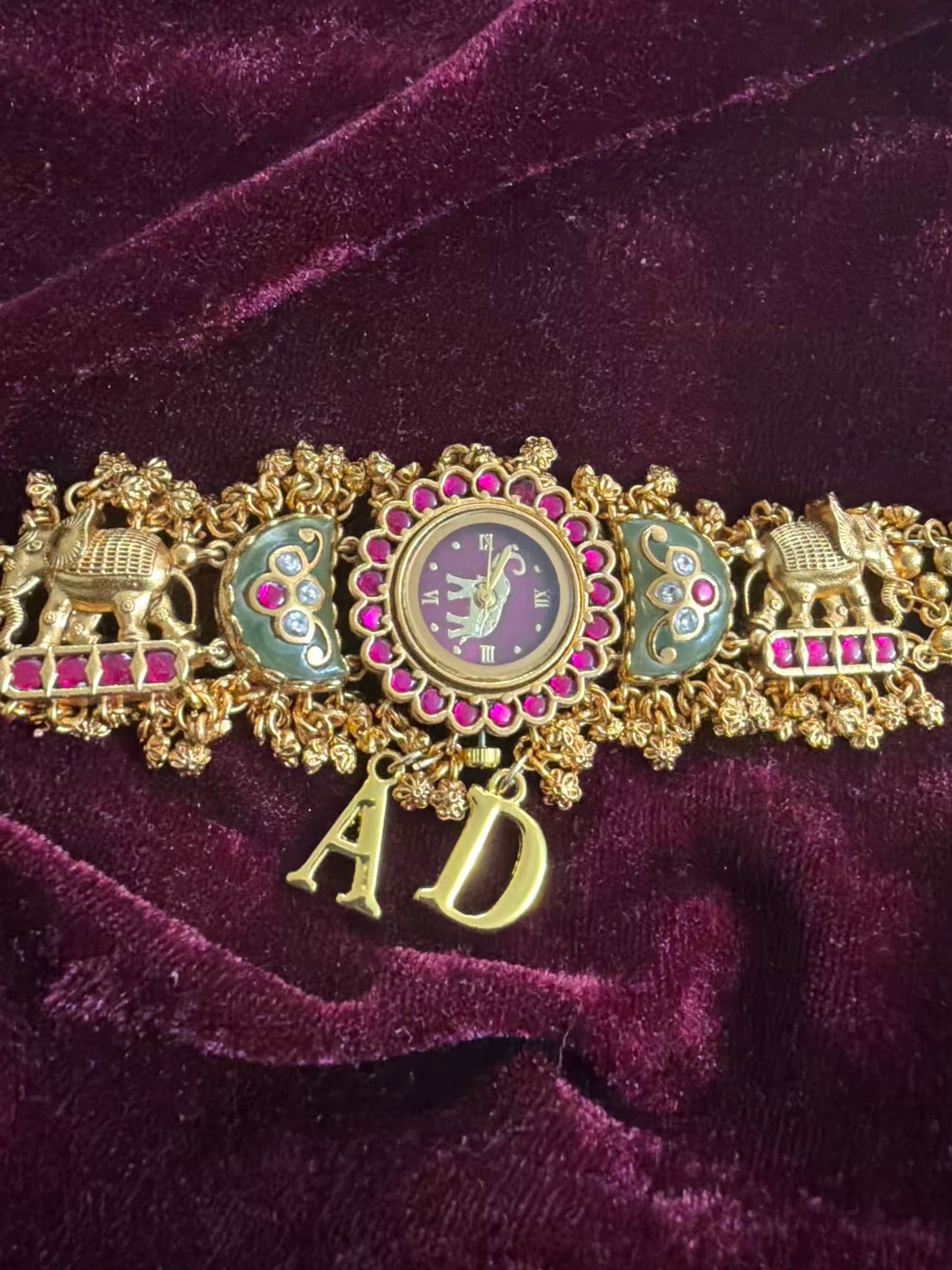 Green in Burgundy Dial Half Moon Maharani Watch Design Bracelet