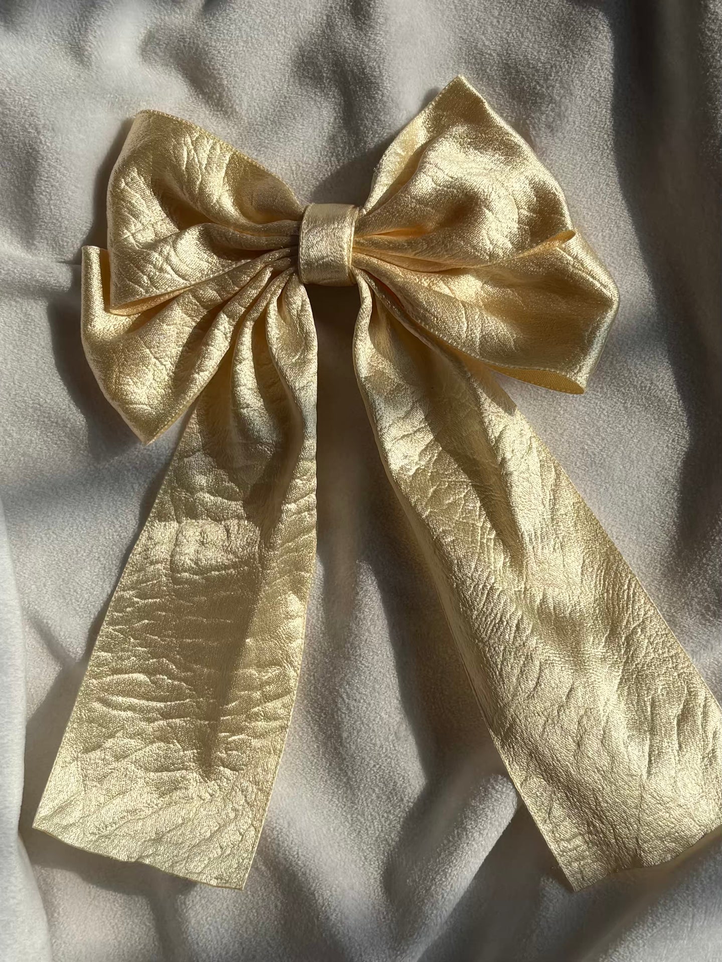 Creamy Gold Hair Bow Clip For Women -( Satin Textured )