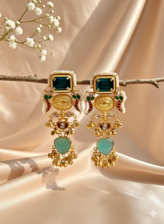 Blue Sapphire Kashmiri Brass of Premium Plated Ghungroo Earrings