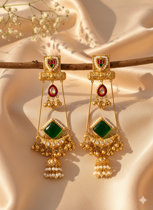 Kareena Emerald Green Style Kashmiri Brass of  Premium Plated Ghungroo Earrings