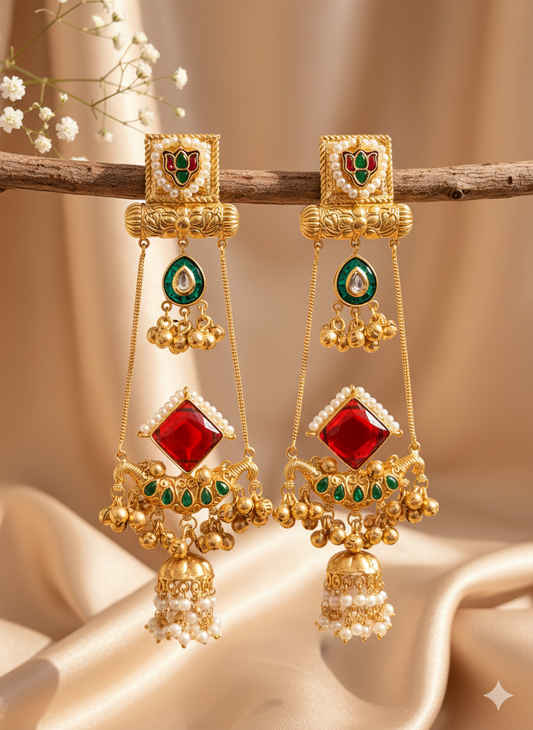 Noor Red Ruby Jhumka Kashmiri Brass of  Premium Plated Ghungroo Earrings