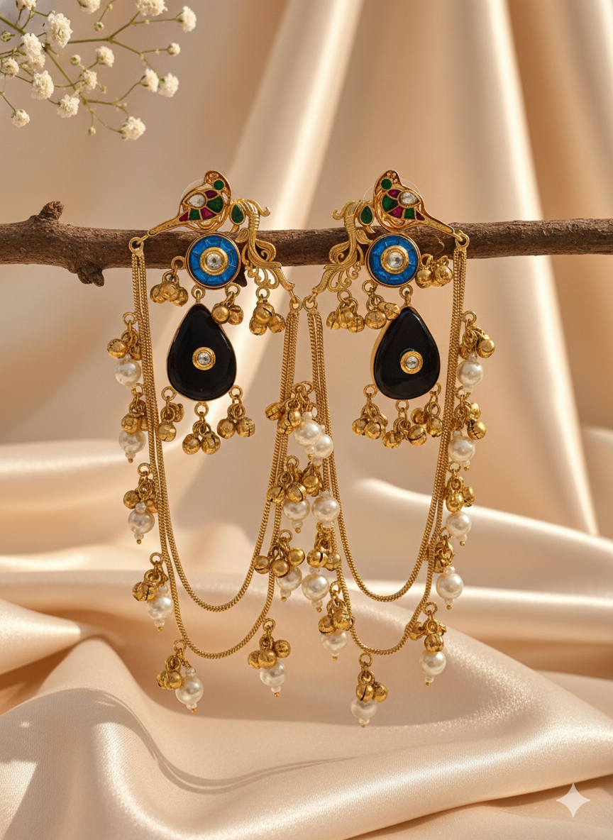 Pink Gold Long Kashmiri Earrings