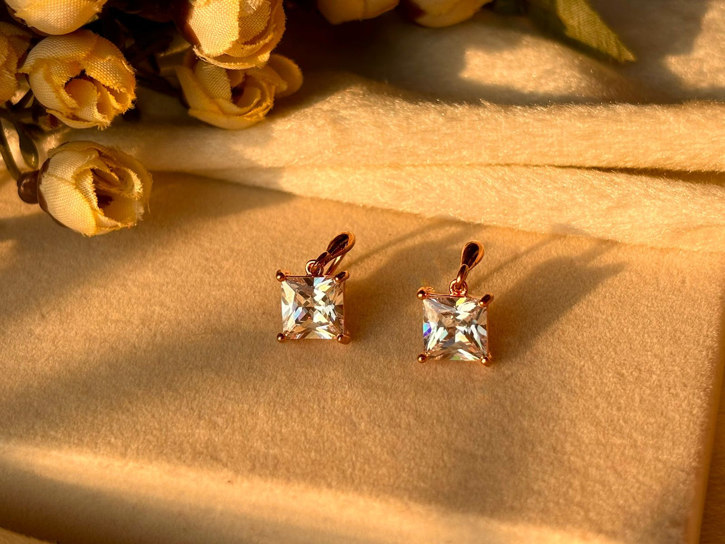 Square Solitaire Earrings - Rose Gold Plated