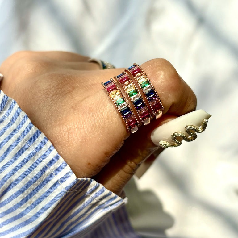 Premium Tri Stack Multicoloured Diamonds Band Ring ( Silver ) - Adjustable