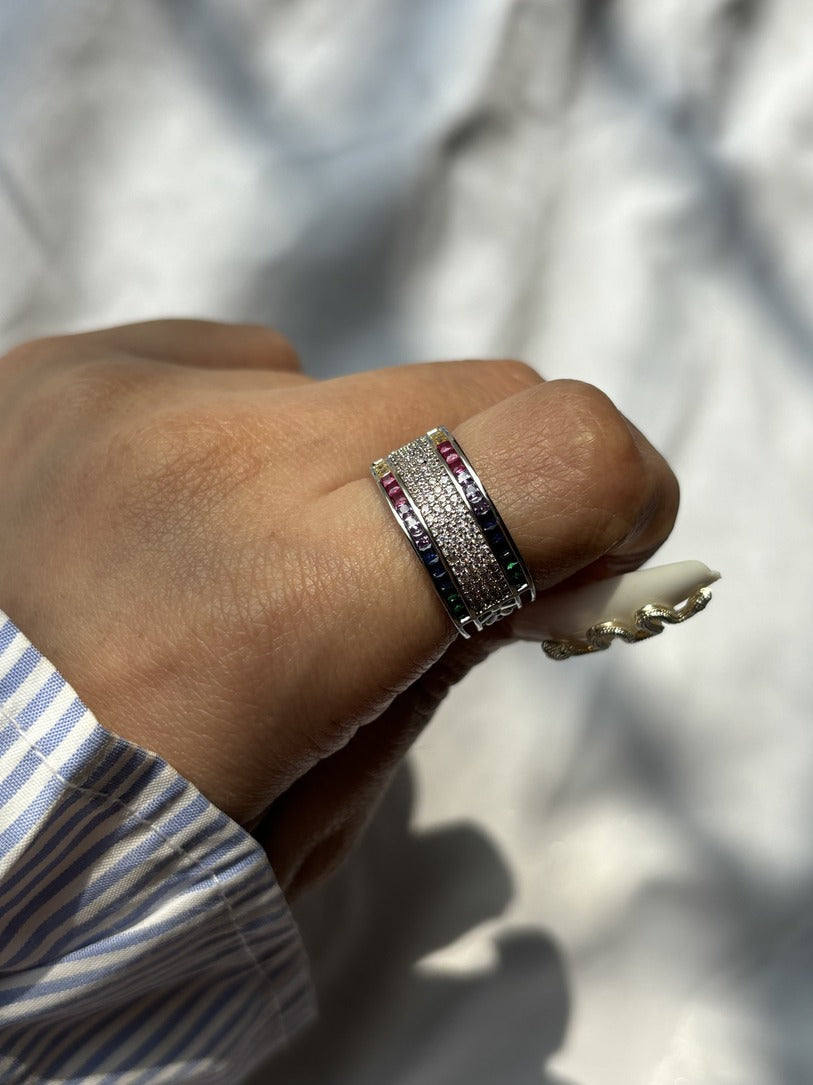 Premium Multicoloured Diamonds Band Ring ( Silver ) - Adjustable