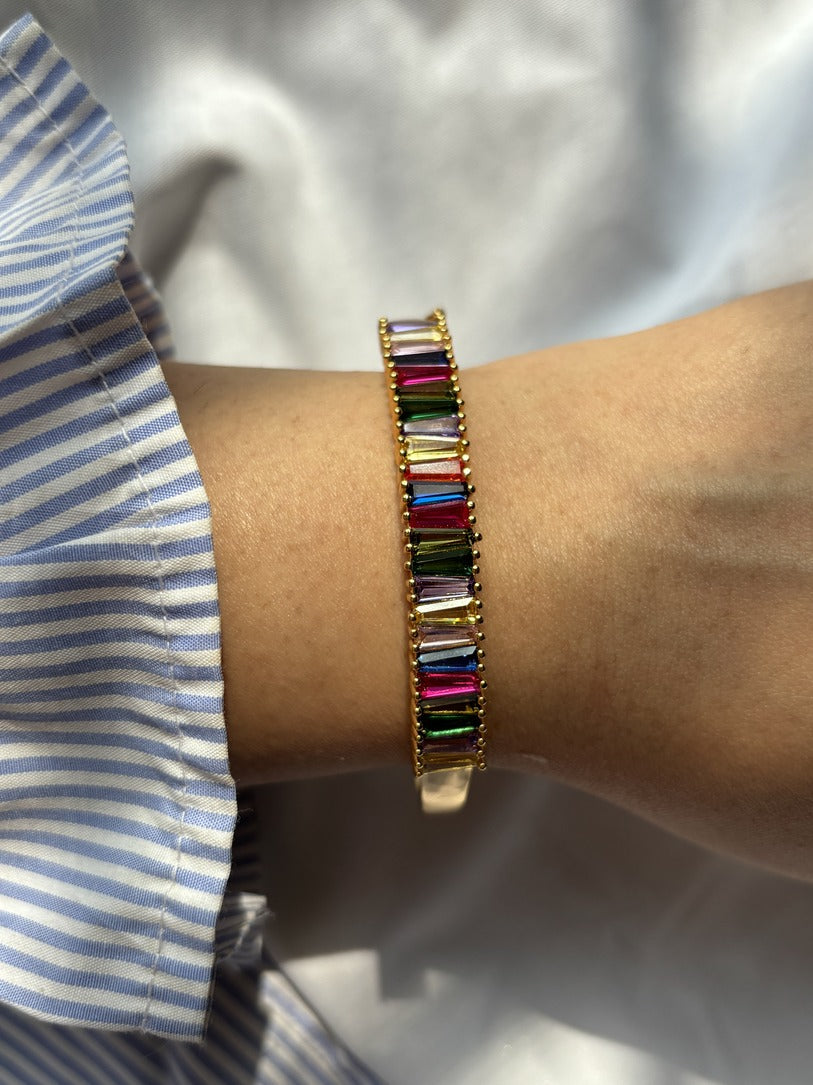 Multicoloured Baguette Unique Stones Kadha Bracelet Bangle Gold