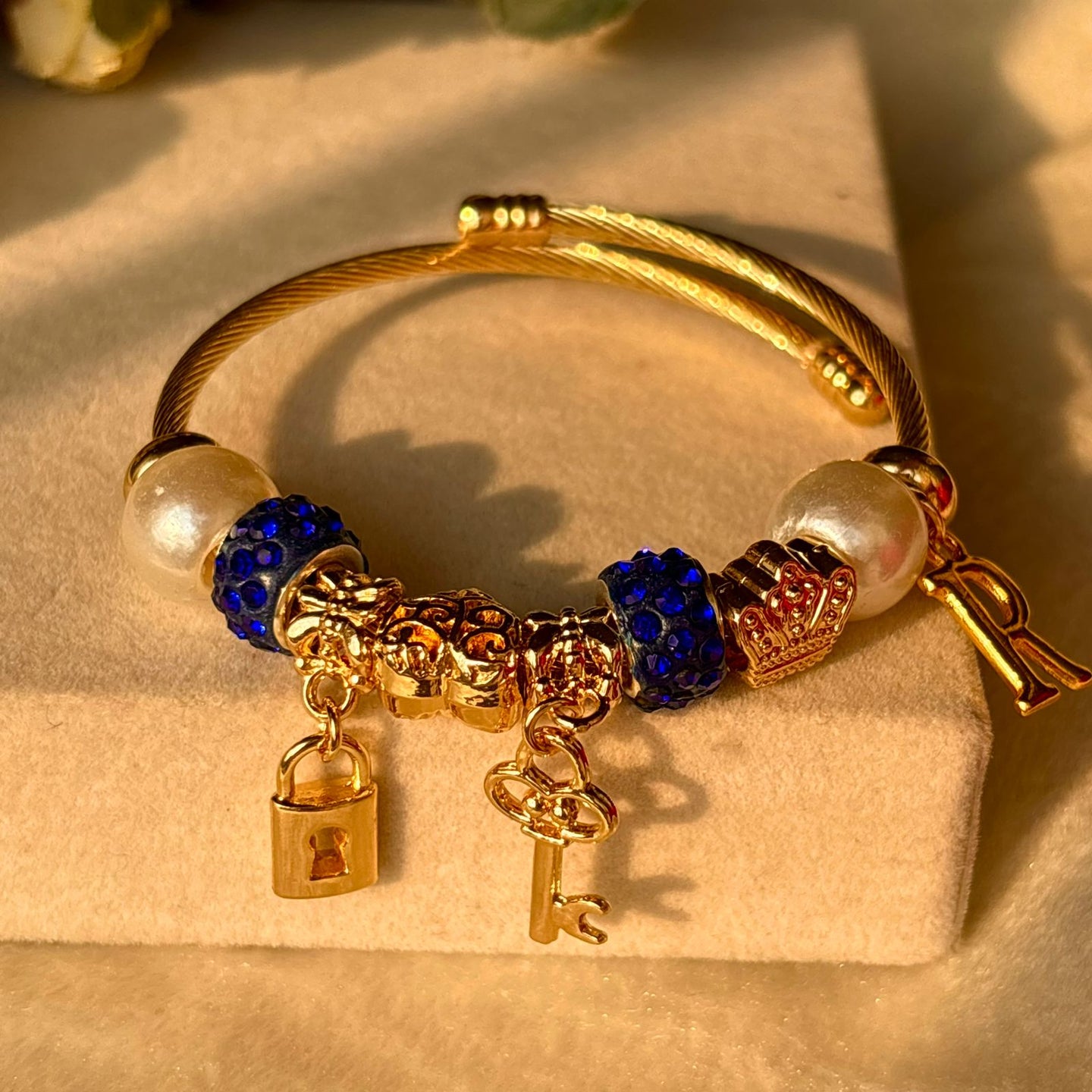 Pandora Charms Lock Key  Blue Bracelet With Customised Initial (Gold)