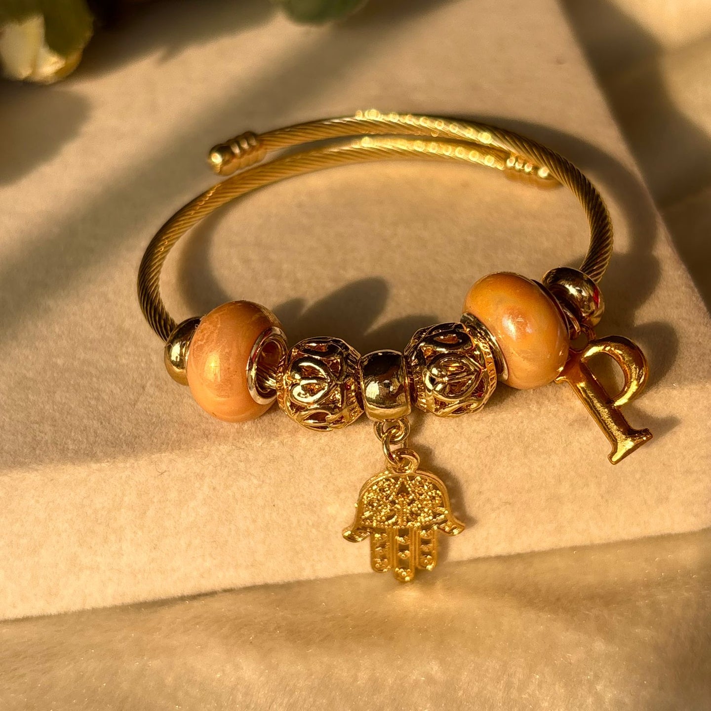 Pandora Hamsa Charms Orange Bracelet With Customised Initial (Gold)