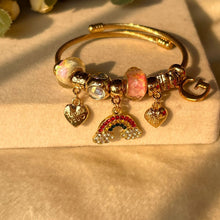 Load image into Gallery viewer, Pandora Rainbow Charms Pearl Swan Blue Flower Bracelet With Customised Initial (Gold)
