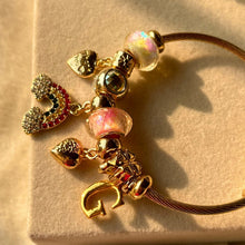 Load image into Gallery viewer, Pandora Rainbow Charms Pearl Swan Blue Flower Bracelet With Customised Initial (Gold)
