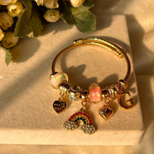 Load image into Gallery viewer, Pandora Rainbow Charms Pearl Swan Blue Flower Bracelet With Customised Initial (Gold)
