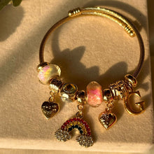 Load image into Gallery viewer, Pandora Rainbow Charms Pearl Swan Blue Flower Bracelet With Customised Initial (Gold)
