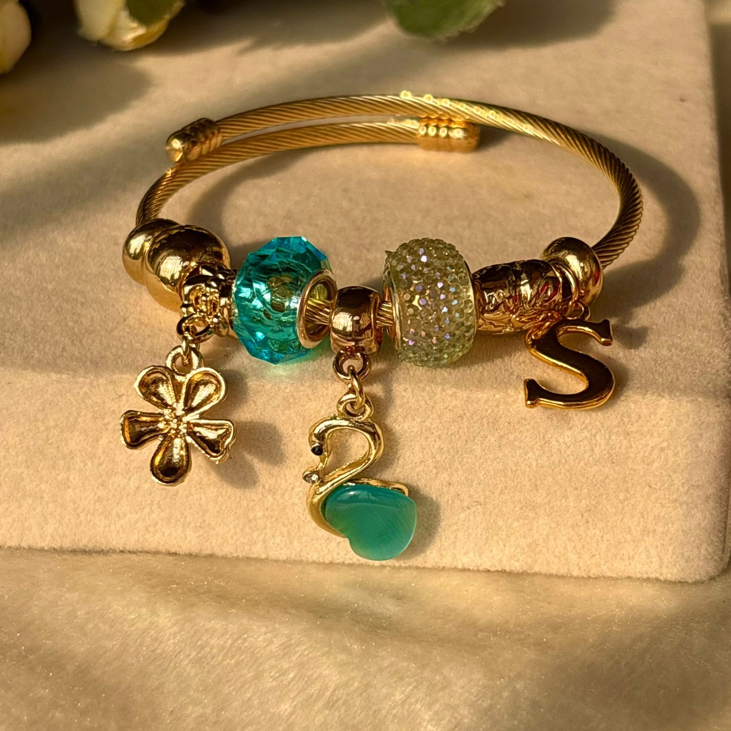 Pandora Charms Pearl Swan Blue Flower Bracelet With Customised Initial (Gold)