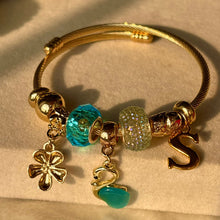 Load image into Gallery viewer, Pandora Charms Pearl Swan Blue Flower Bracelet With Customised Initial (Gold)
