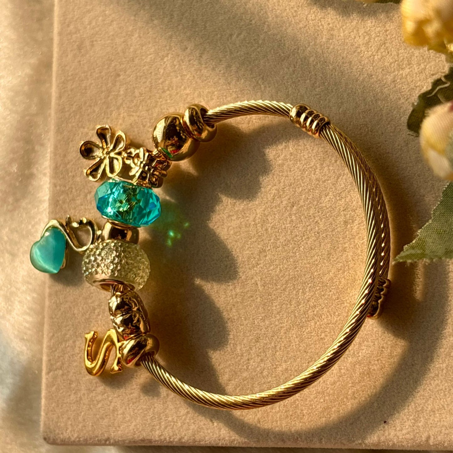 Pandora Charms Pearl Swan Blue Flower Bracelet With Customised Initial (Gold)