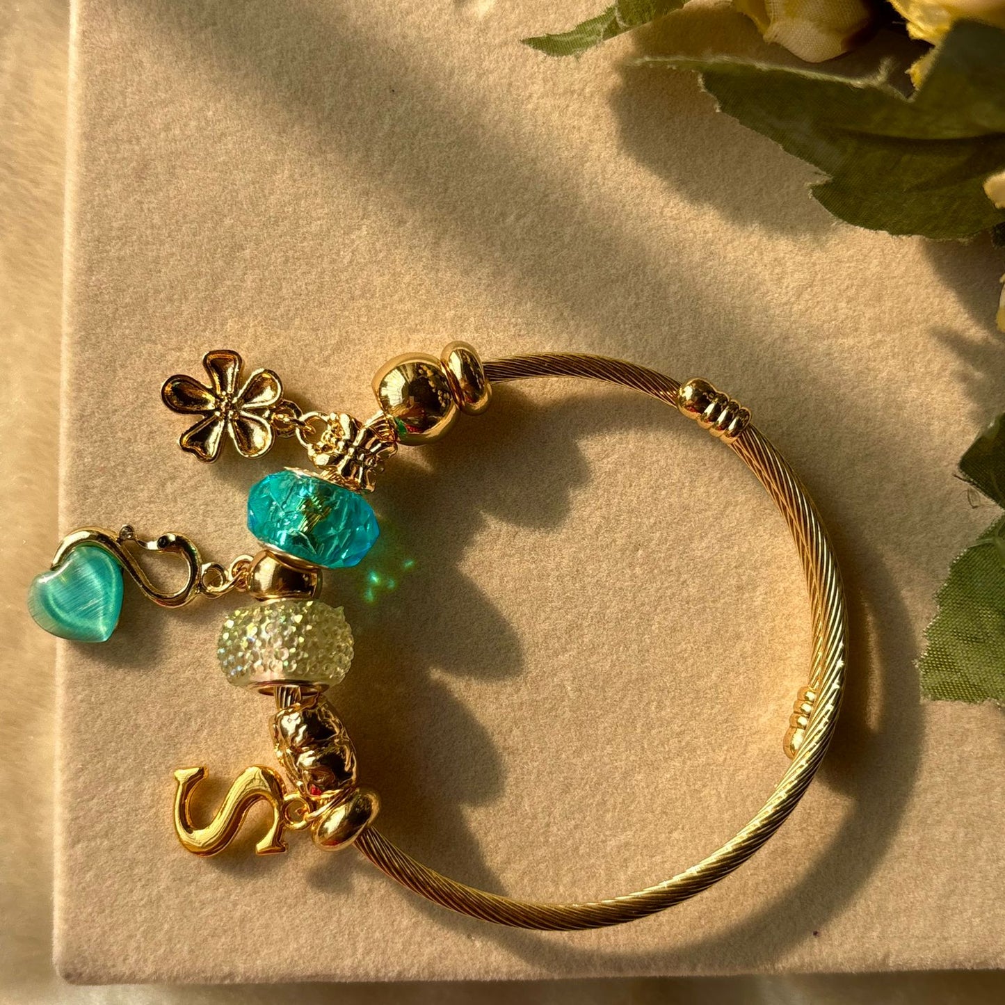 Pandora Charms Pearl Swan Blue Flower Bracelet With Customised Initial (Gold)