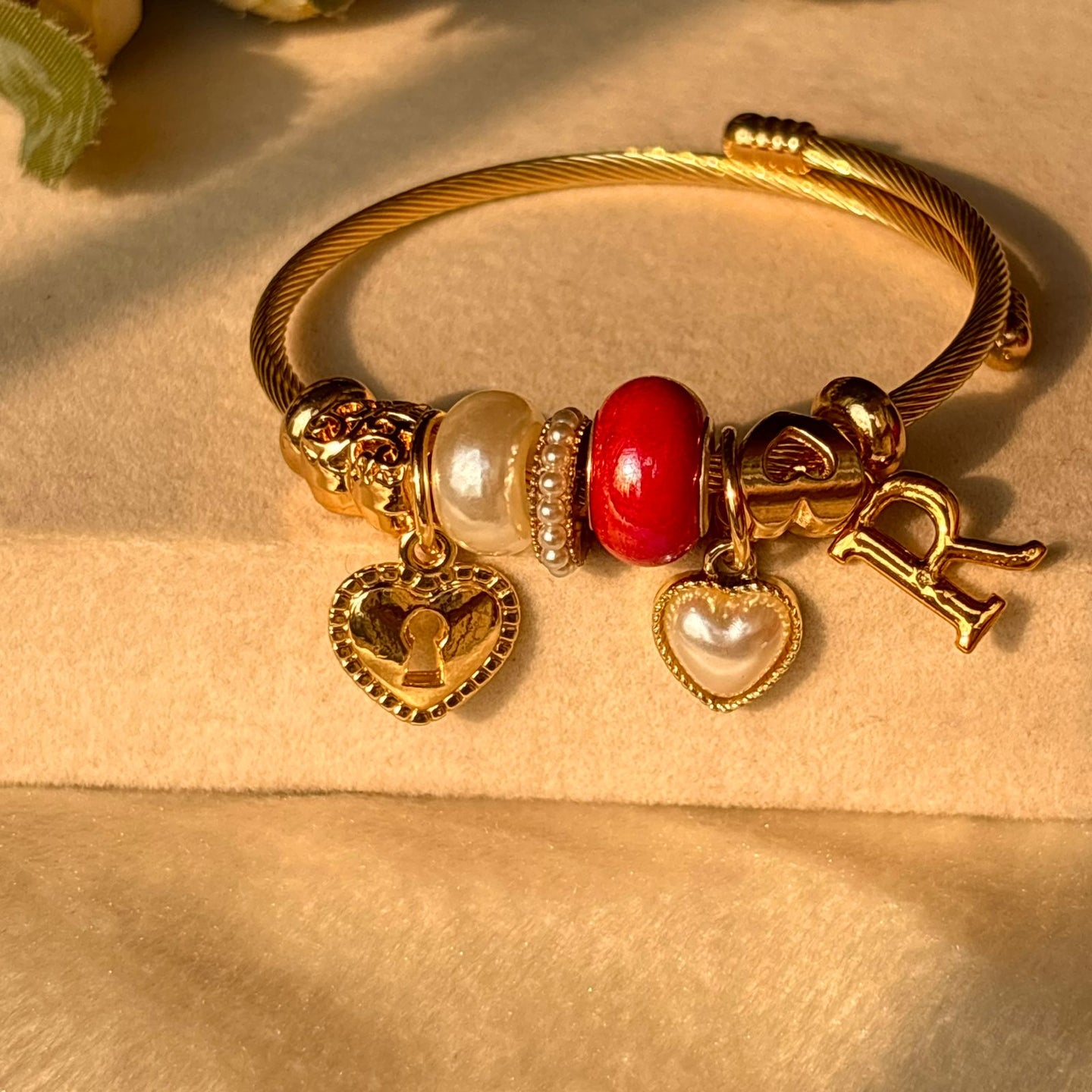 Pandora Charms Pearl Heart Red Bracelet With Customised Initial (Gold)