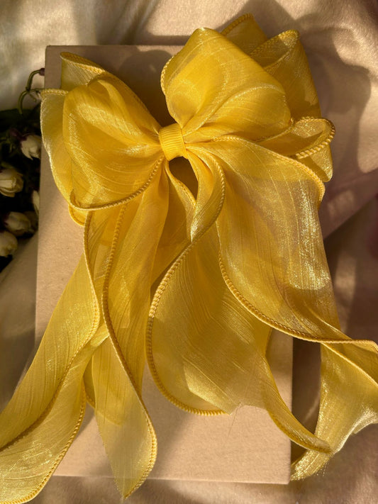 Layered Princess Hair Bow Clip For Women ( Yellow Netted )