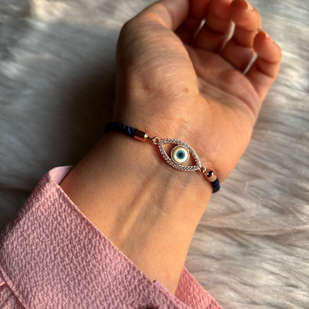 Mother of Pearl Eyed Evil Eye Bracelet with Navy Blue Band