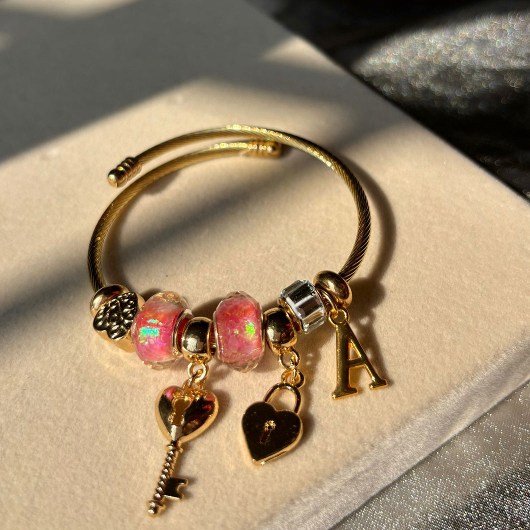 Pandora Style Pink  Bracelet With Customised Initial (Gold)