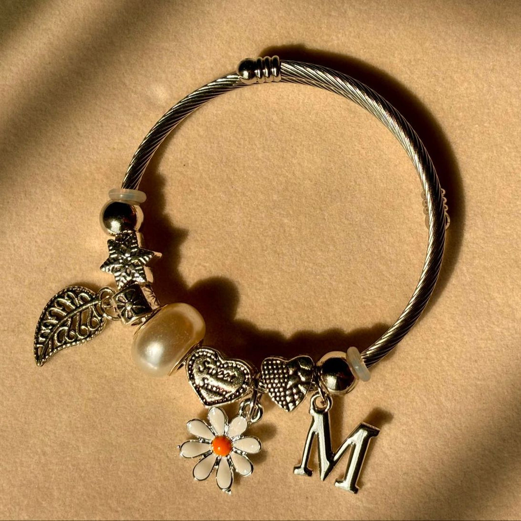 Pandora Style Sunflower Leaf Bracelet With Customised Initial