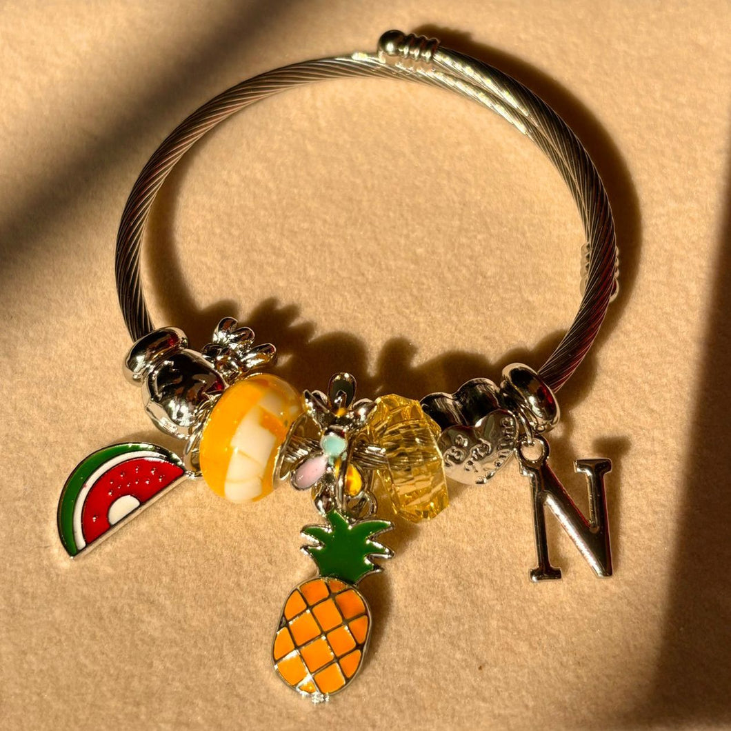 Pandora Style Pineapple Watermelon Bracelet With Customised Initial ( Silver )