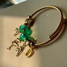 Load image into Gallery viewer, Pandora Style Ocean Green Dolphins Charms Bracelet With Customised Initial (Gold)
