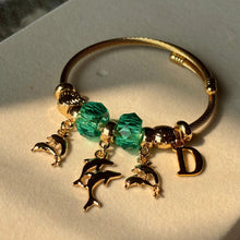 Load image into Gallery viewer, Pandora Style Ocean Green Dolphins Charms Bracelet With Customised Initial (Gold)
