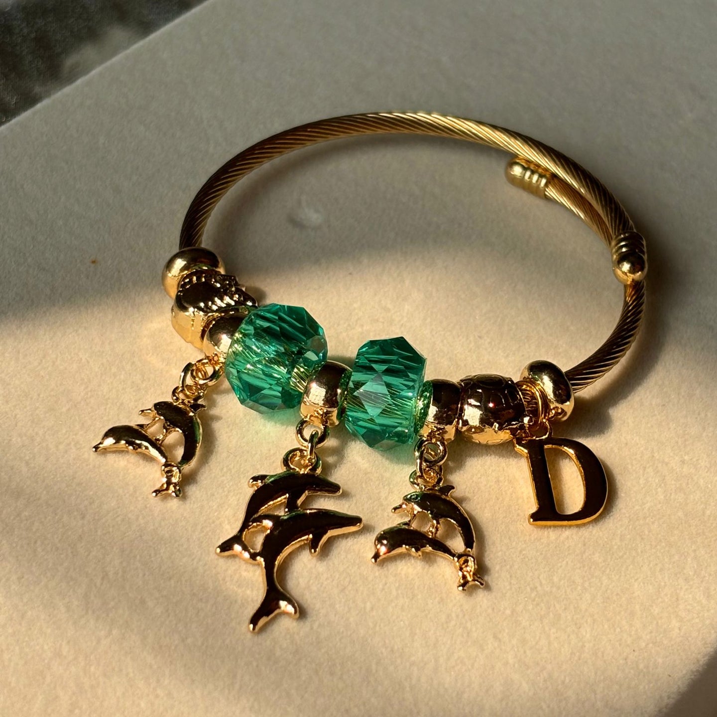 Pandora Style Ocean Green Dolphins Charms Bracelet With Customised Initial (Gold)