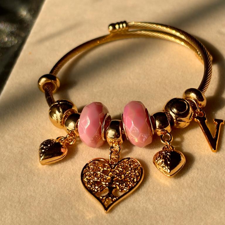 Pandora Style Pink Hearts Bracelet  With Customised Initial