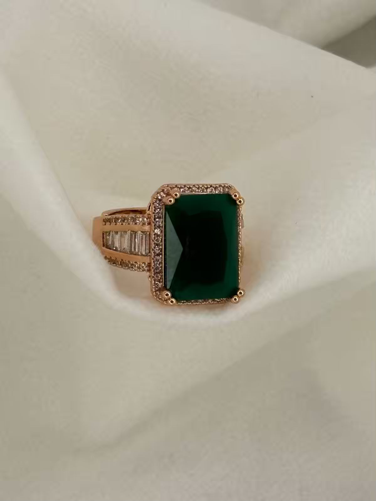 Premium Green Emerald Rectangular Ring( Rose Gold )Adjustable