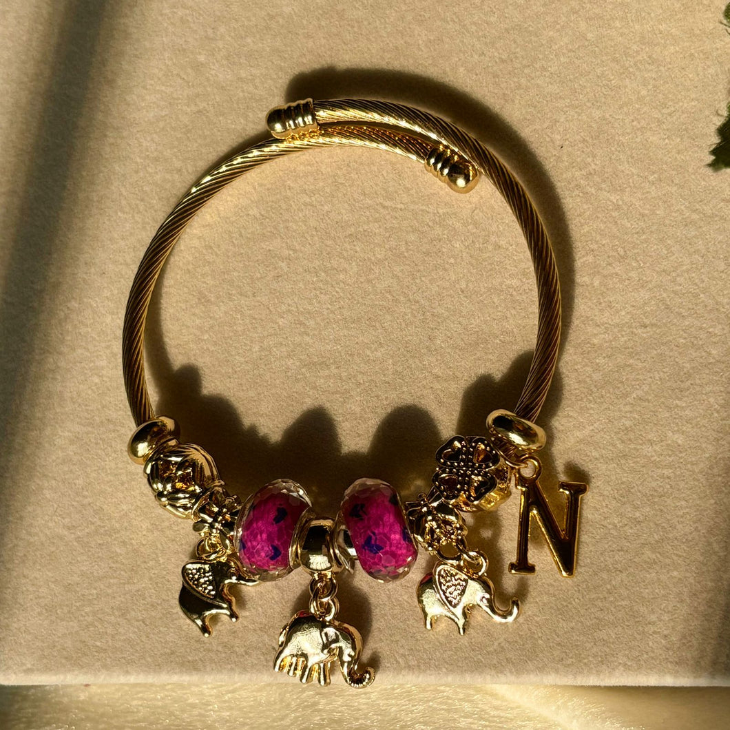 Pandora Style Rani Pink Elephant With Customised Initial (Gold)