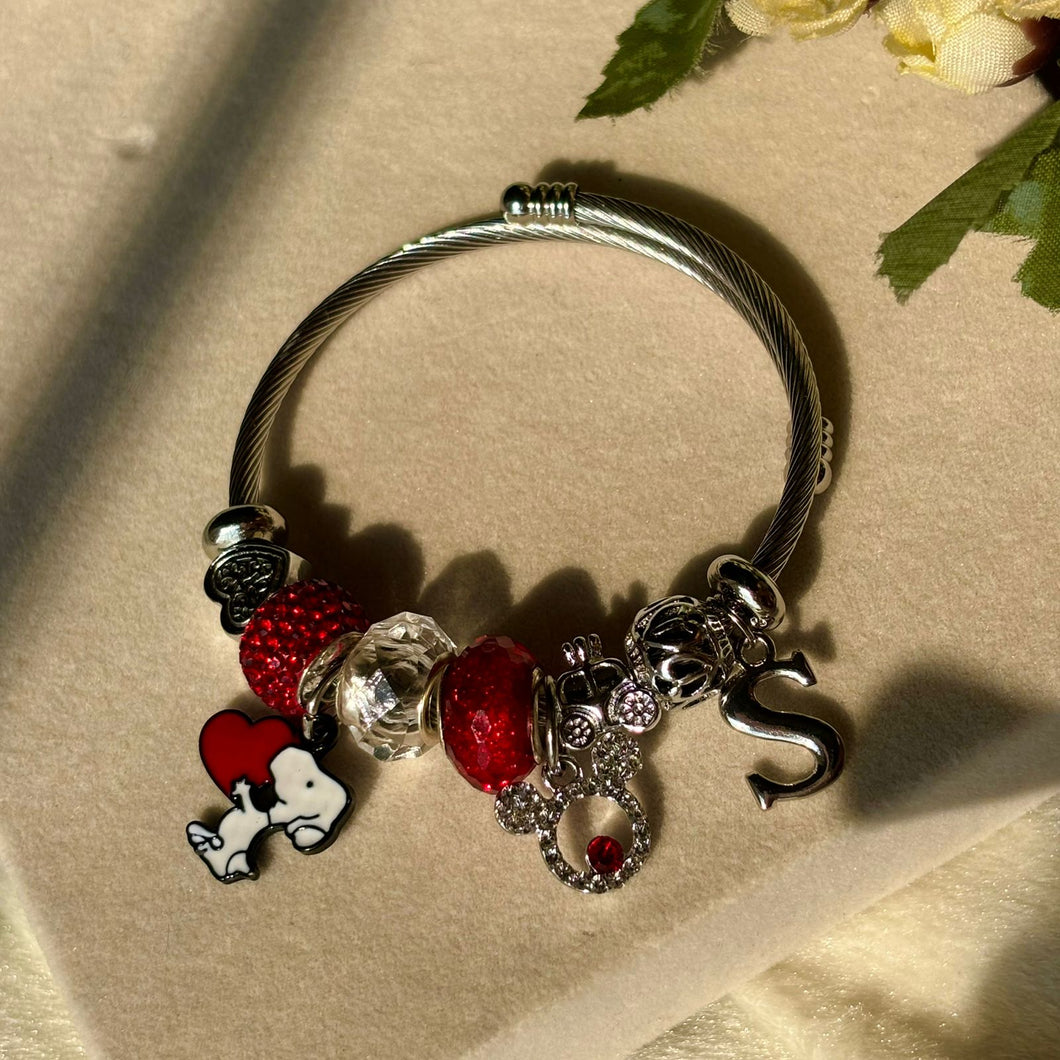Pandora Style Red Snoopy Mickey Heart With Customised Initial (Gold)