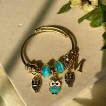 Load image into Gallery viewer, Pandora Style Unicorn Blue Owl With Customised Initial (Gold)
