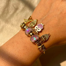 Load image into Gallery viewer, Pandora Style Purple Lilac Owl Bracelet With Customised Initial (Gold)
