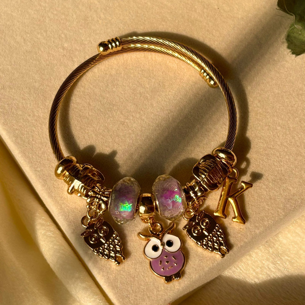 Pandora Style Purple Lilac Owl Bracelet With Customised Initial (Gold)