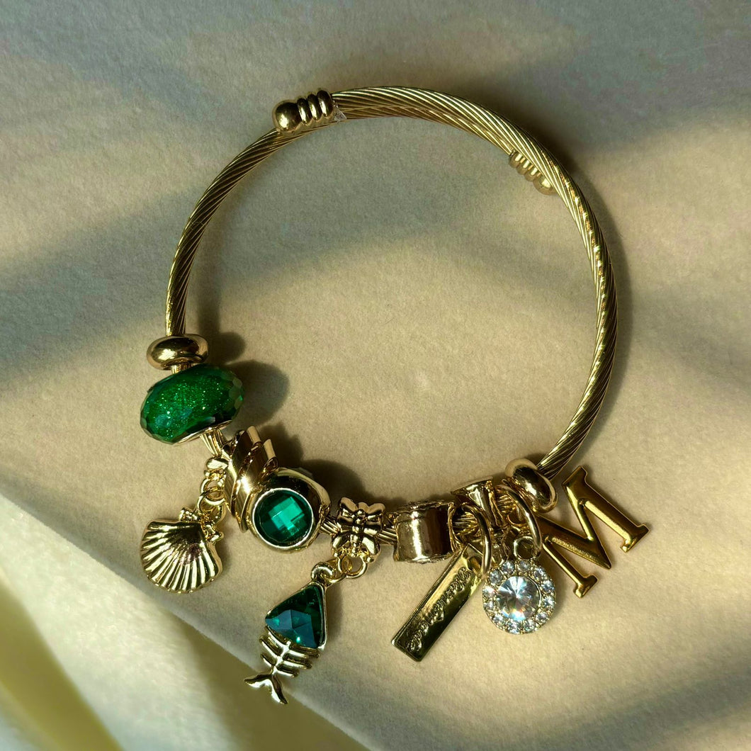 Pandora Style Green Fish Shell Bracelet With Customised Initial (Gold)