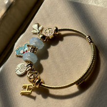Load image into Gallery viewer, Pandora Style Sky Blue Baby Elephant Bracelet Angel Sacred Tree With Customised Initial (Gold)
