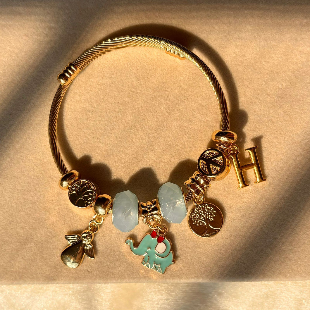 Pandora Style Sky Blue Baby Elephant Bracelet Angel Sacred Tree With Customised Initial (Gold)